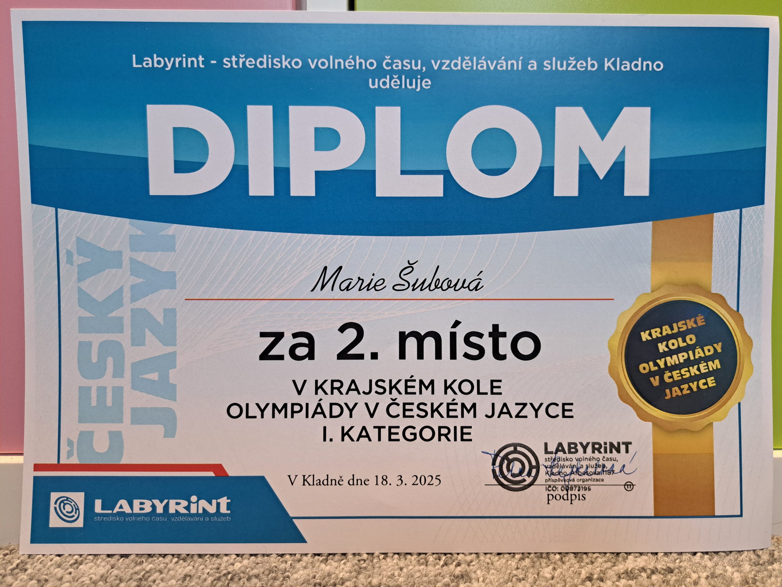 Úspěch na krajské olympiádě v českém jazyce